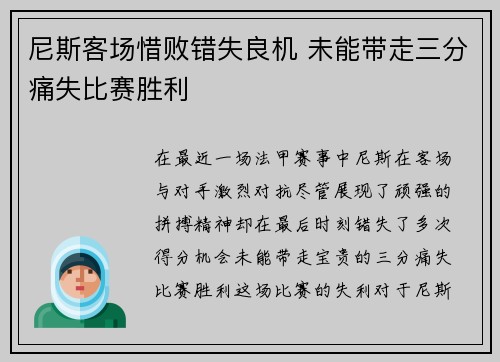 尼斯客场惜败错失良机 未能带走三分痛失比赛胜利