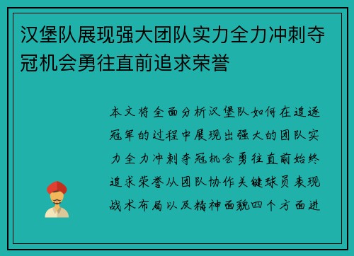 汉堡队展现强大团队实力全力冲刺夺冠机会勇往直前追求荣誉